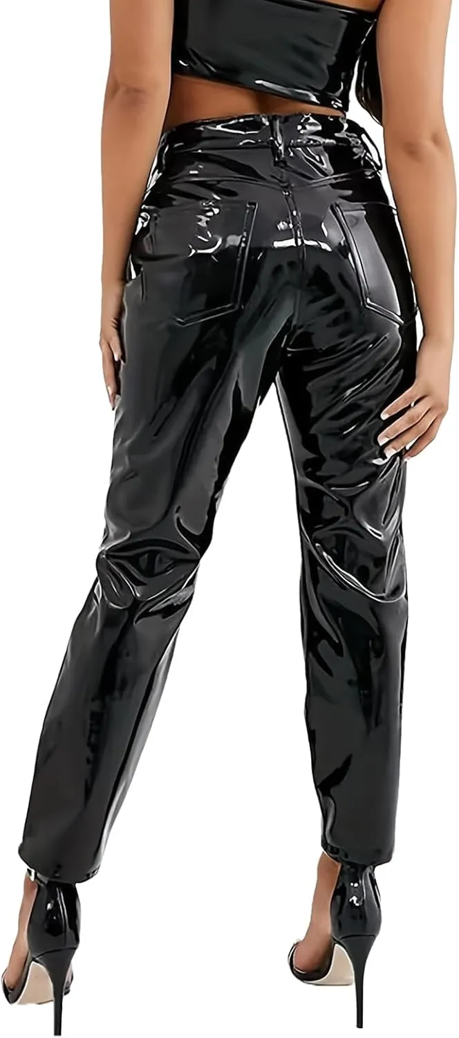 Women's Elegant Pants PU Shiny Patent Faux Leather High Waist Cropped Trousers Clubwear Style Trendy Designer Clothes