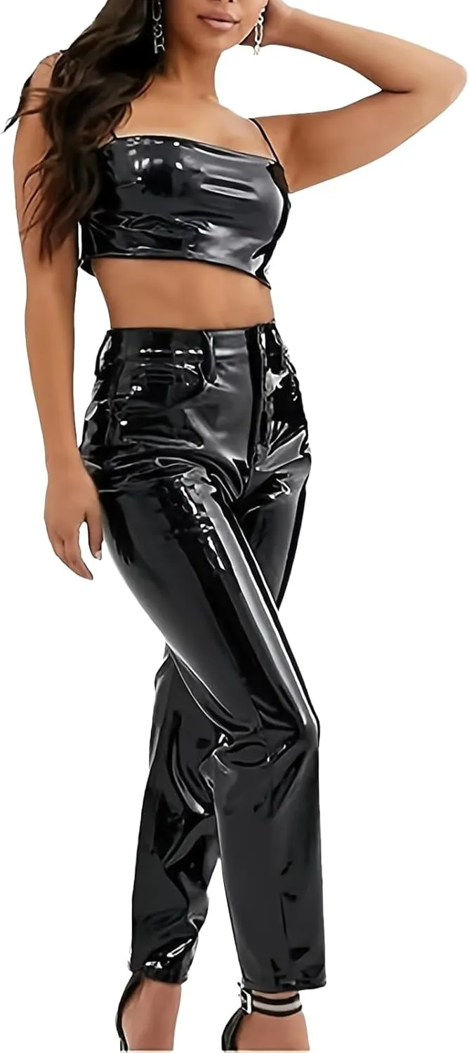 Women's Elegant Pants PU Shiny Patent Faux Leather High Waist Cropped Trousers Clubwear Style Trendy Designer Clothes