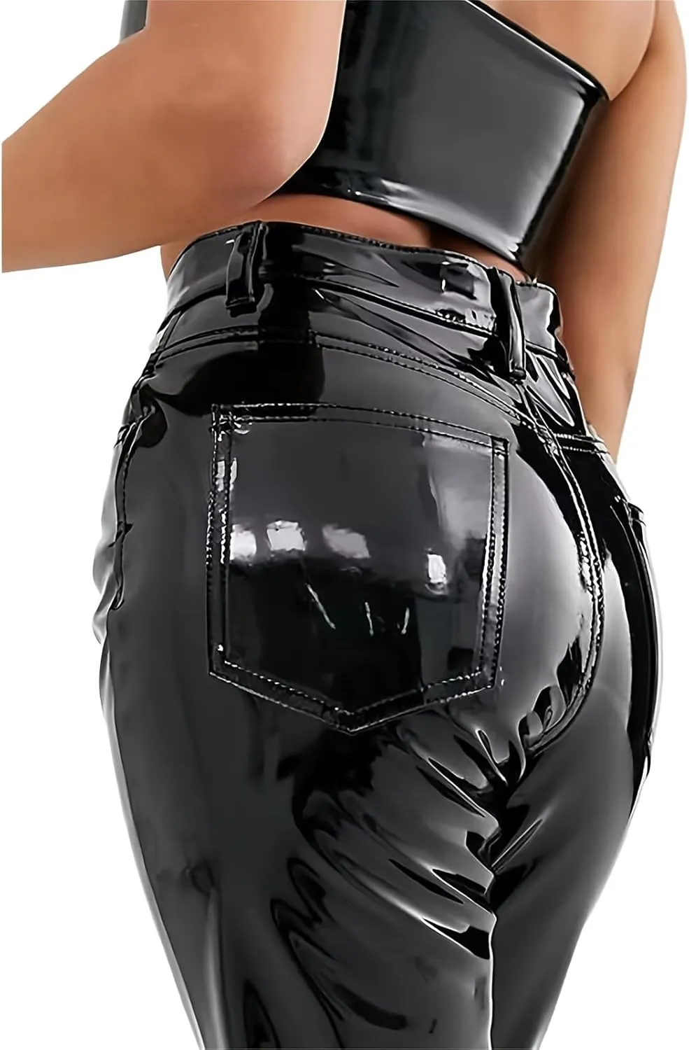 Women's Elegant Pants PU Shiny Patent Faux Leather High Waist Cropped Trousers Clubwear Style Trendy Designer Clothes