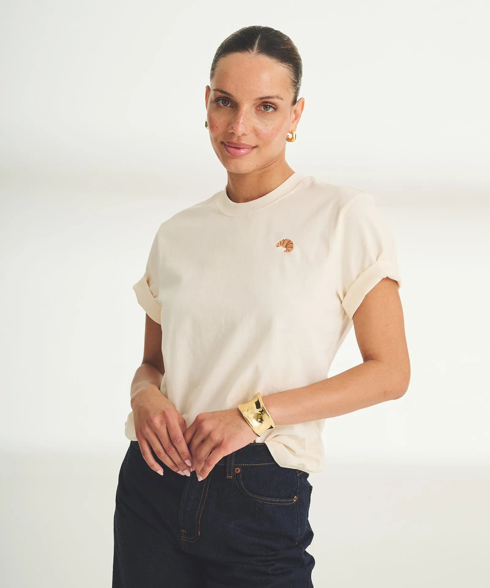 Women's Embroidered Croissant Boxy Tee