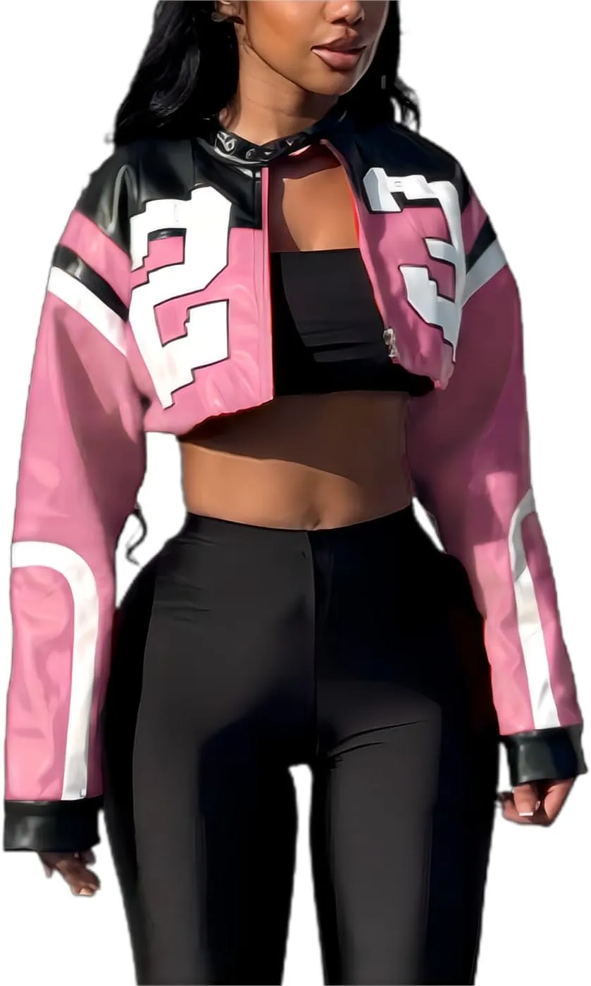 Women's Faux Leather Jacket Zip Up Cropped Bomber Leather Jacket Women 2024 S-XL