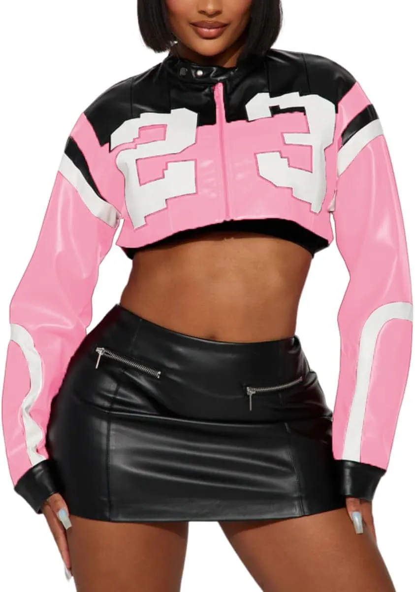 Women's Faux Leather Jacket Zip Up Cropped Bomber Leather Jacket Women 2024 S-XL