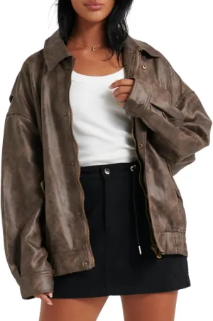 Women's Faux Leather Jacket Zip Up Short Fitted Slim Coat Bomber Jacket Women