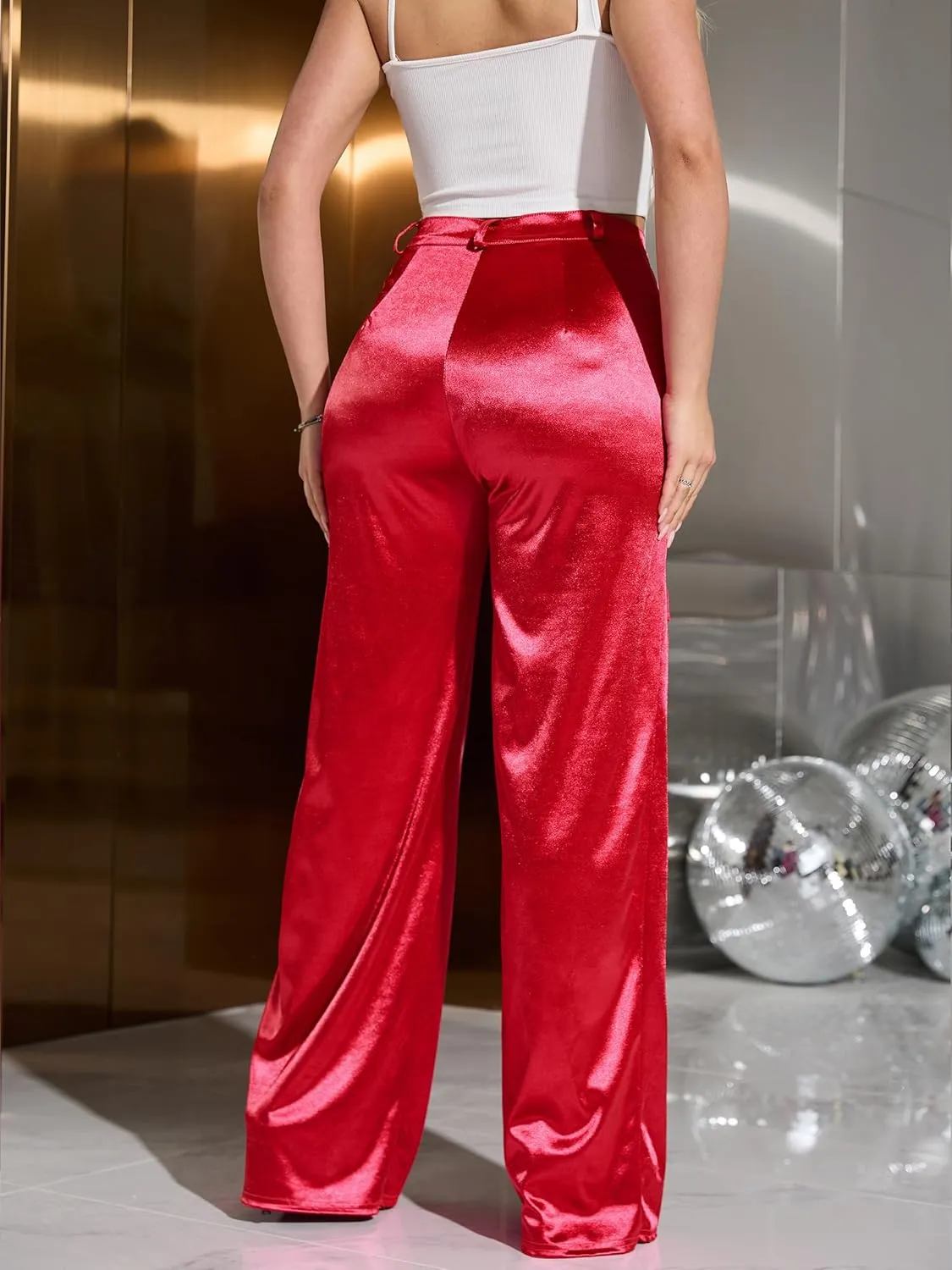 Womens High Waisted Satin Cargo Pants Loose Fit Wide Leg Trousers with Pockets Trendy Outfit