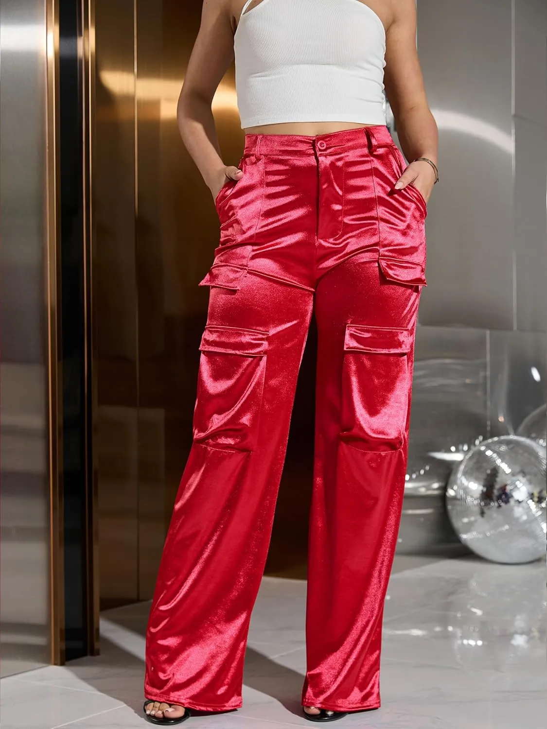Womens High Waisted Satin Cargo Pants Loose Fit Wide Leg Trousers with Pockets Trendy Outfit