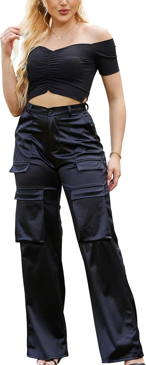 Womens High Waisted Satin Cargo Pants Loose Fit Wide Leg Trousers with Pockets Trendy Outfit