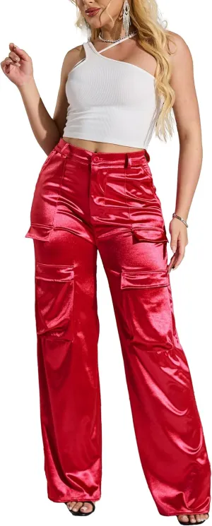 Womens High Waisted Satin Cargo Pants Loose Fit Wide Leg Trousers with Pockets Trendy Outfit