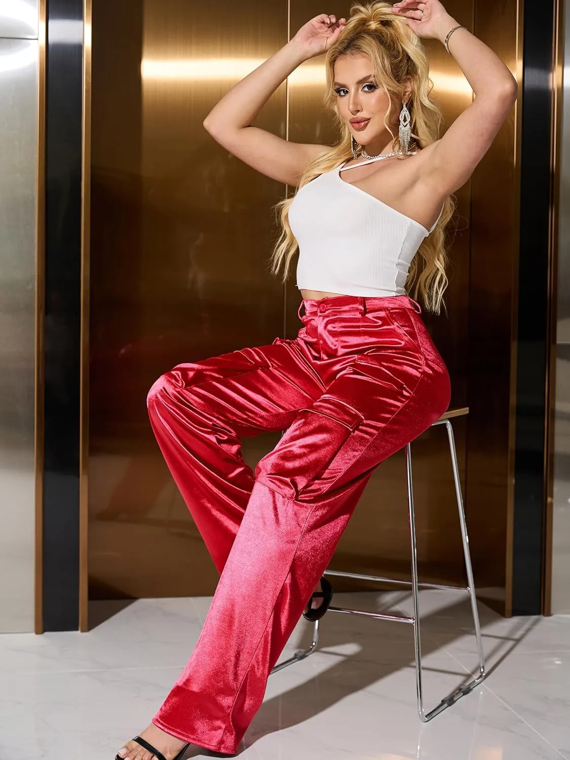 Womens High Waisted Satin Cargo Pants Loose Fit Wide Leg Trousers with Pockets Trendy Outfit