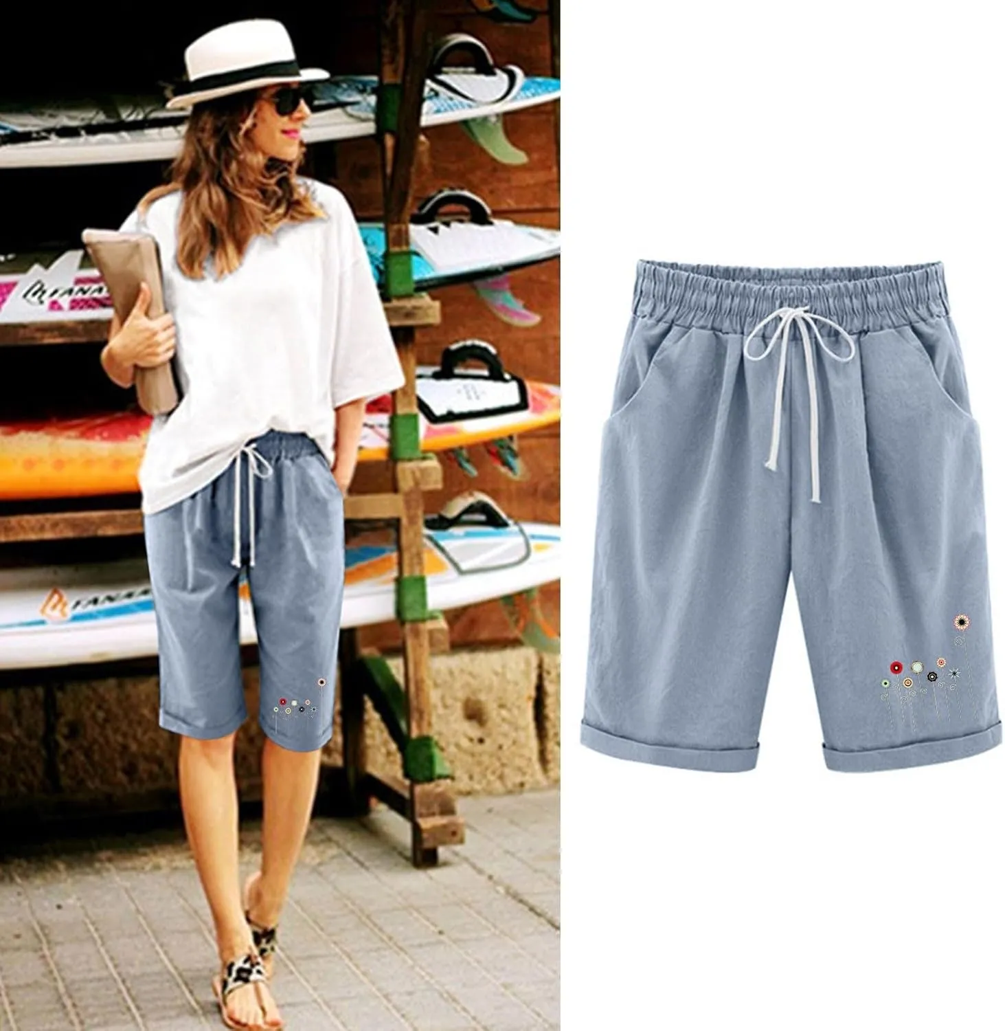 Womens Linen Capris Summer Loose Fit Casual Capri Pants Dressy Lightweight Ladies Baggy Cargo Pants for Hiking