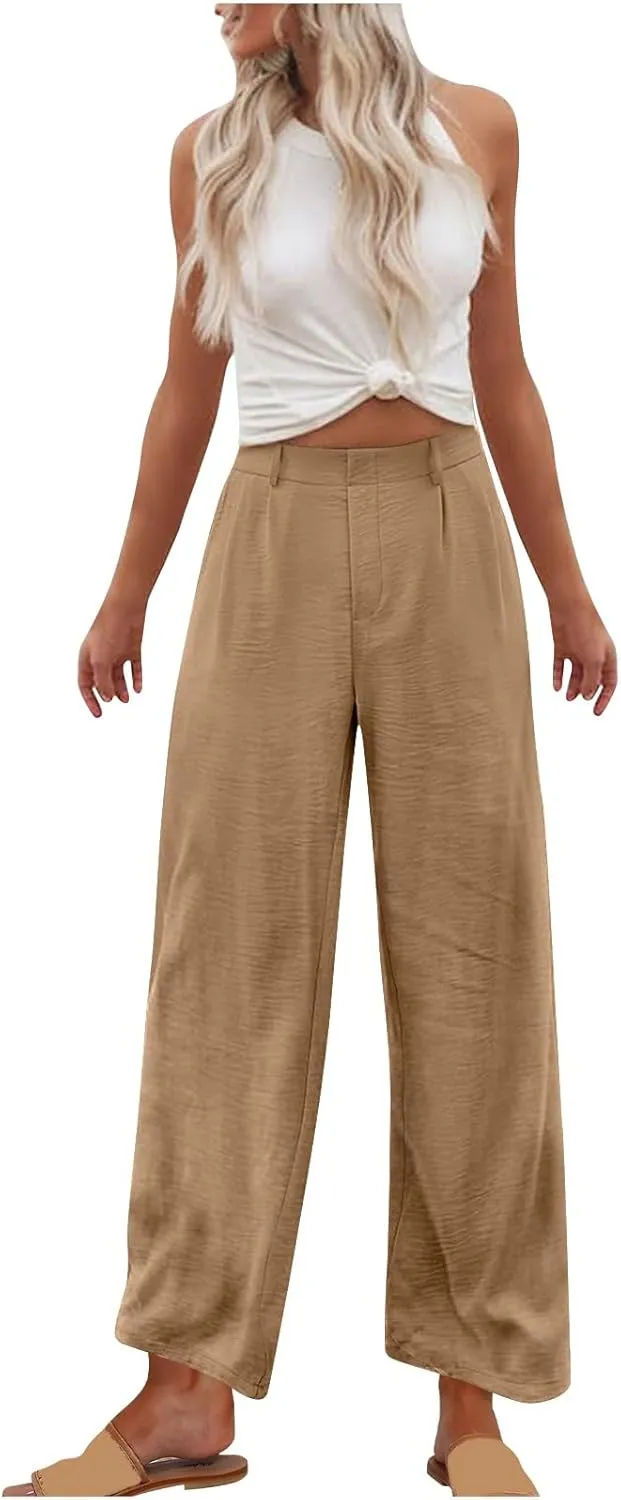 Womens Linen Palazzo Trousers Summer Boho Wide Leg High Waist Casual Lounge Pant Slacks Beach Travel Vacation Pants