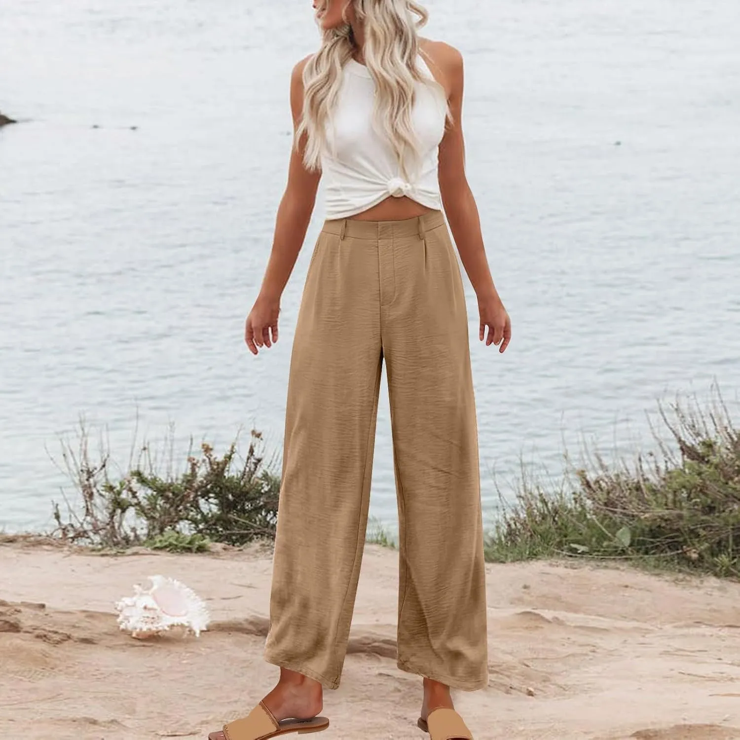 Womens Linen Palazzo Trousers Summer Boho Wide Leg High Waist Casual Lounge Pant Slacks Beach Travel Vacation Pants