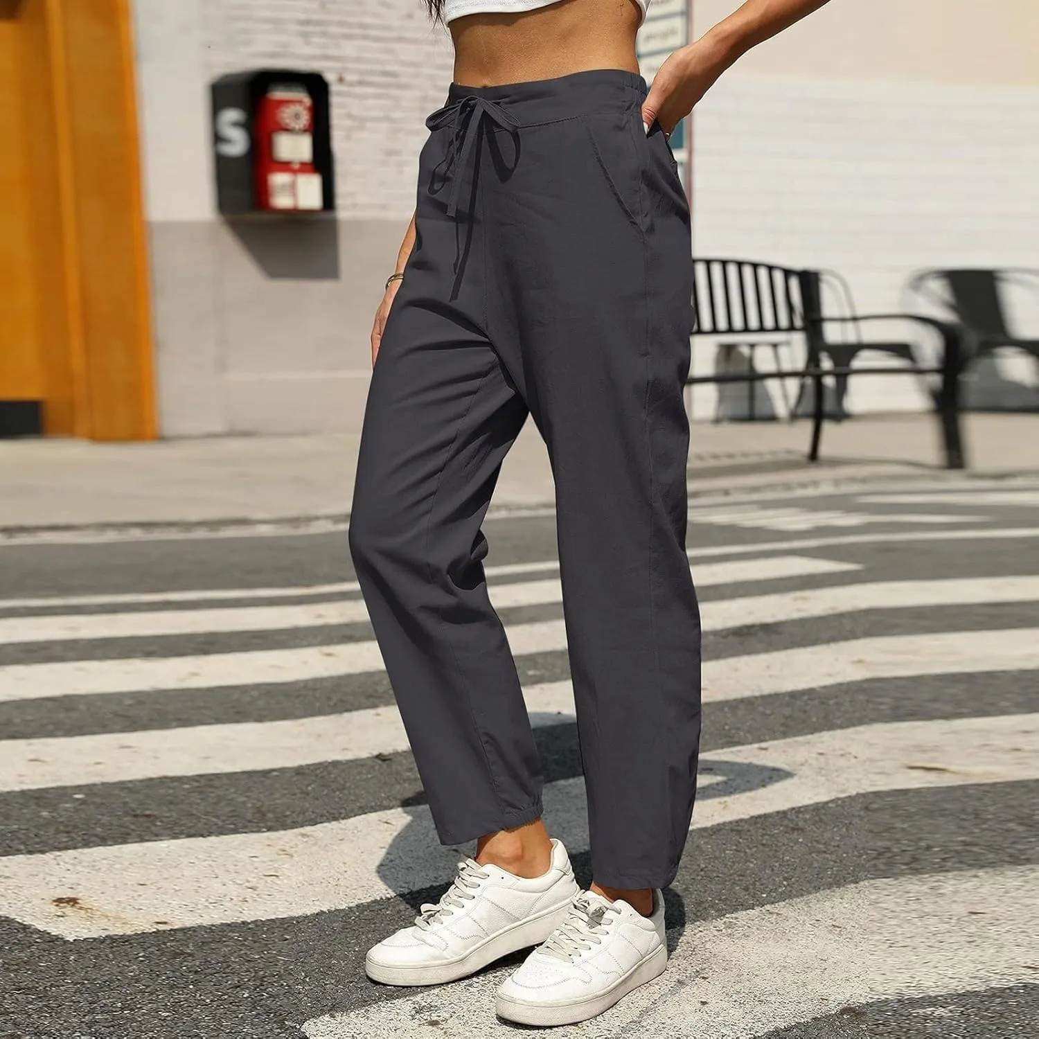 Womens Linen Pants Casual Summer High Waisted Drawstring Tapered Pants Baggy Sweatpants with Pockets Travel Trousers