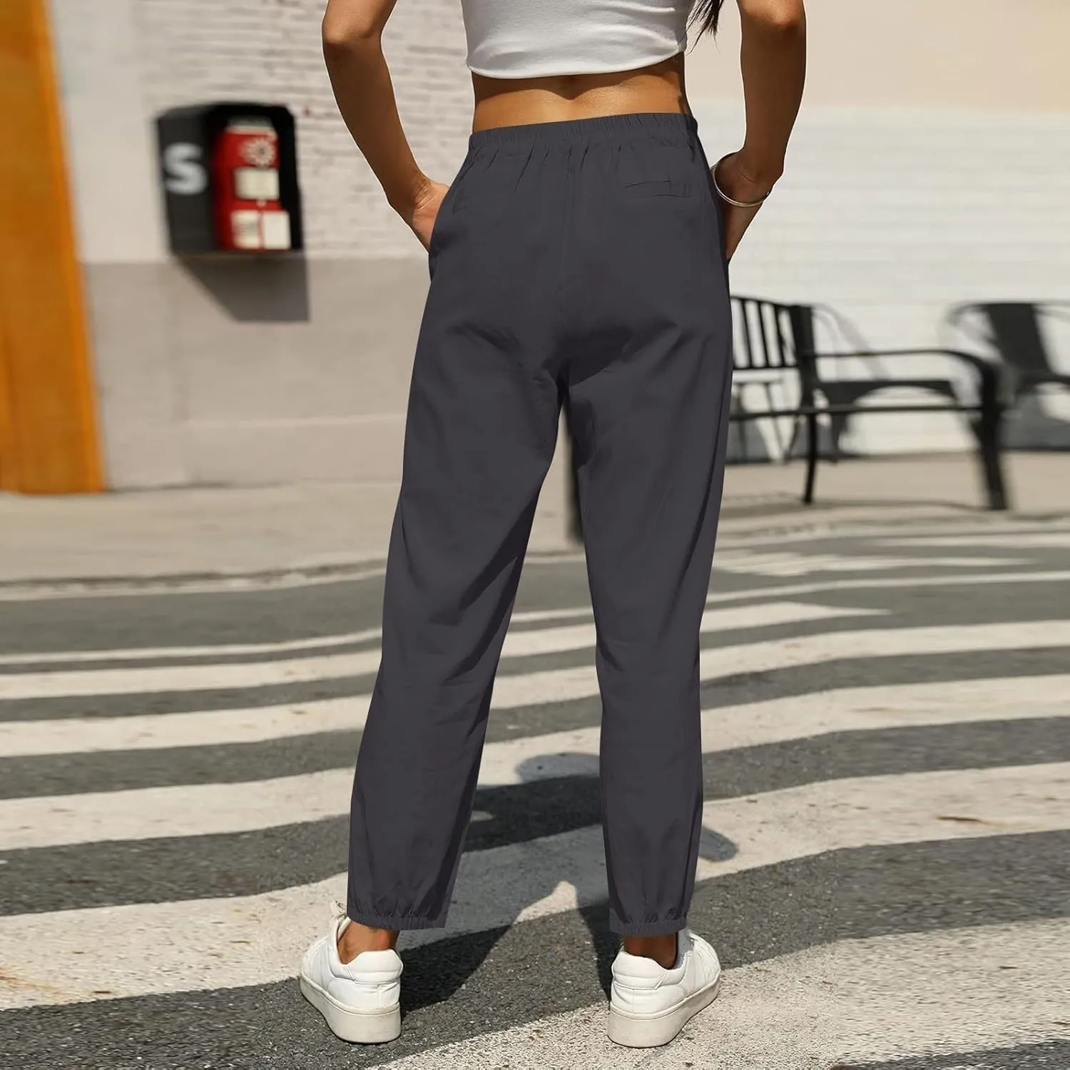 Womens Linen Pants Casual Summer High Waisted Drawstring Tapered Pants Baggy Sweatpants with Pockets Travel Trousers