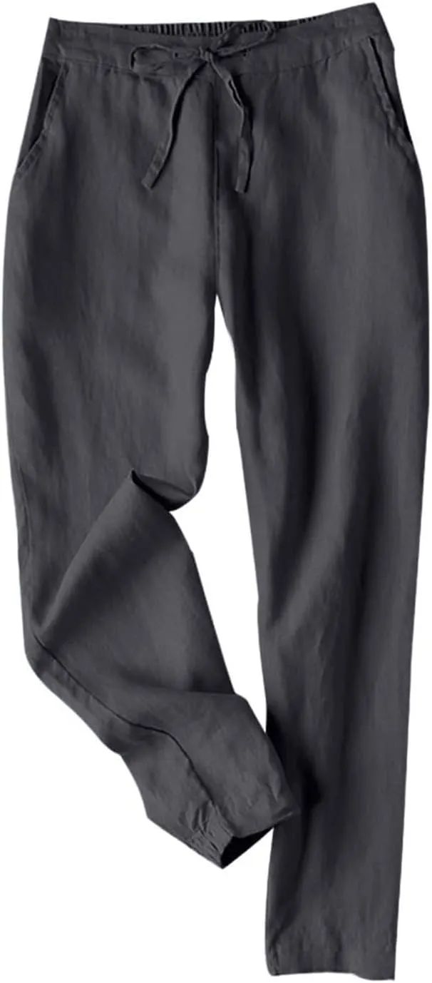 Womens Linen Pants Casual Summer High Waisted Drawstring Tapered Pants Baggy Sweatpants with Pockets Travel Trousers