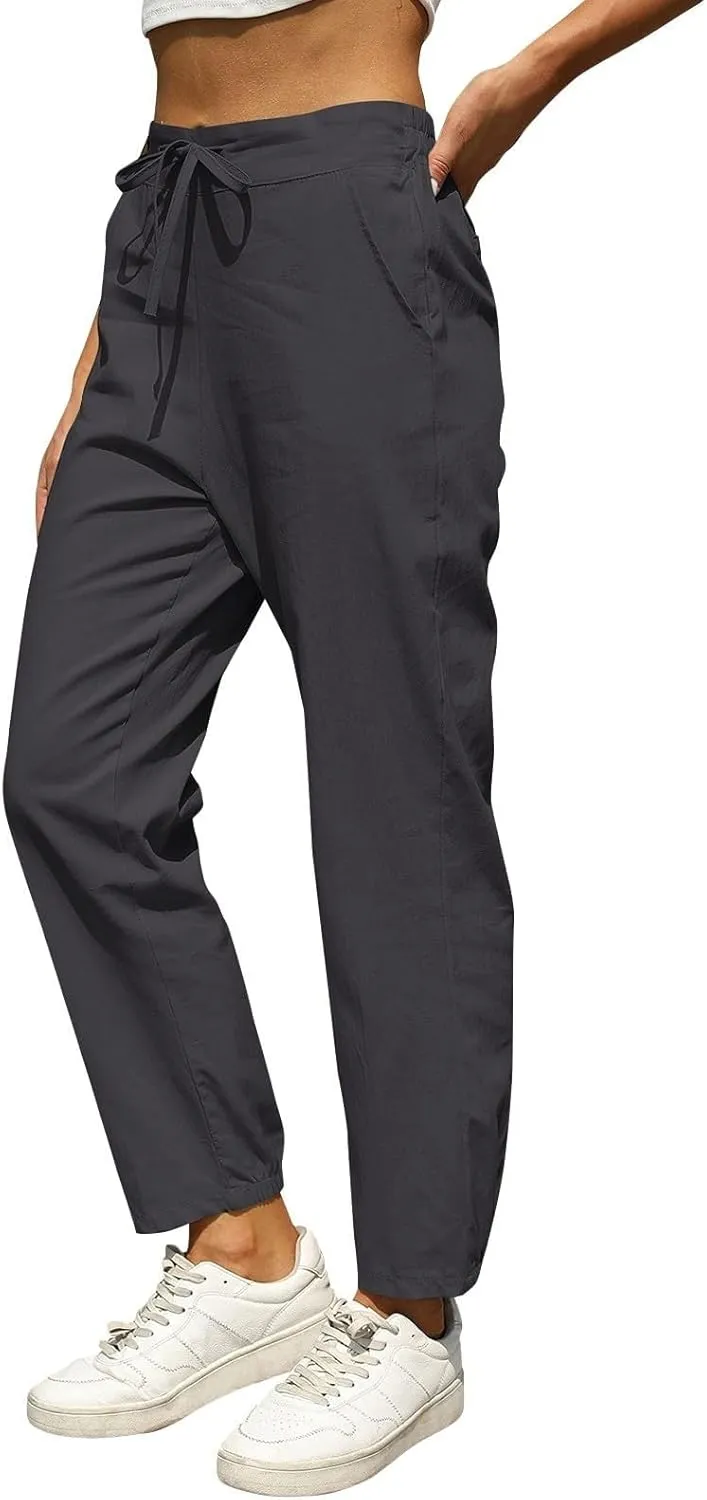 Womens Linen Pants Casual Summer High Waisted Drawstring Tapered Pants Baggy Sweatpants with Pockets Travel Trousers