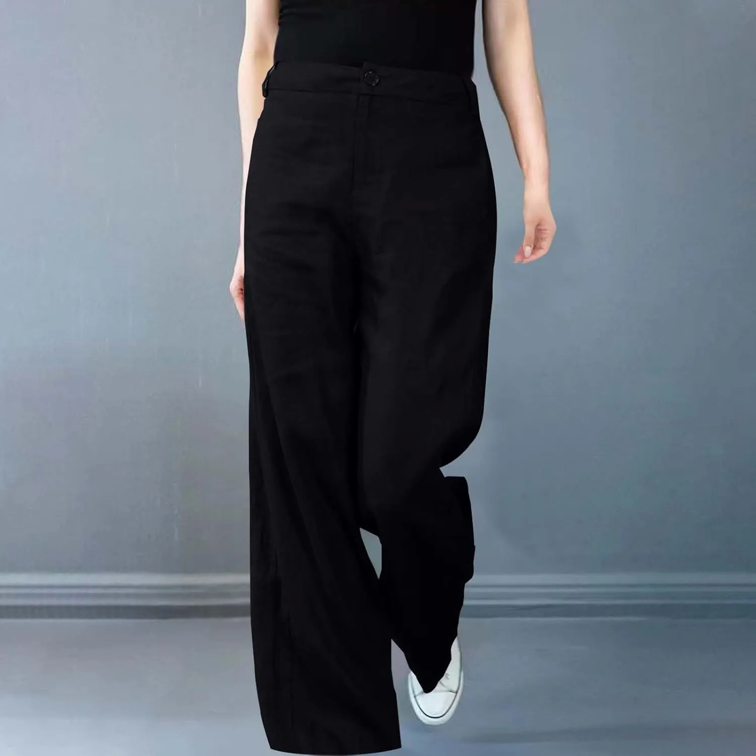 Womens Linen Pants Casual Summer Wide Leg High Waisted Button Pants Solid Color Straight Palazzo 2025 Long Trousers