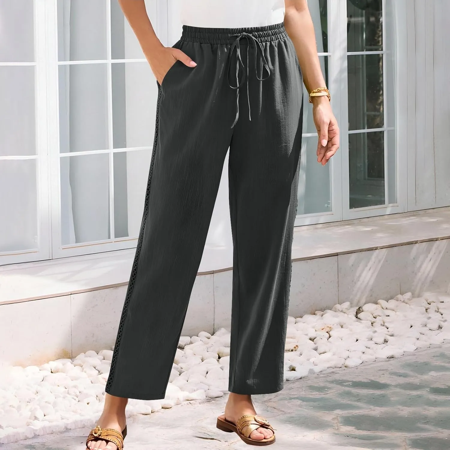 Womens Linen Pants Summer Casual Lightweight Drawstring High Waisted Wide Leg Pants Beach Trousers with Pockets