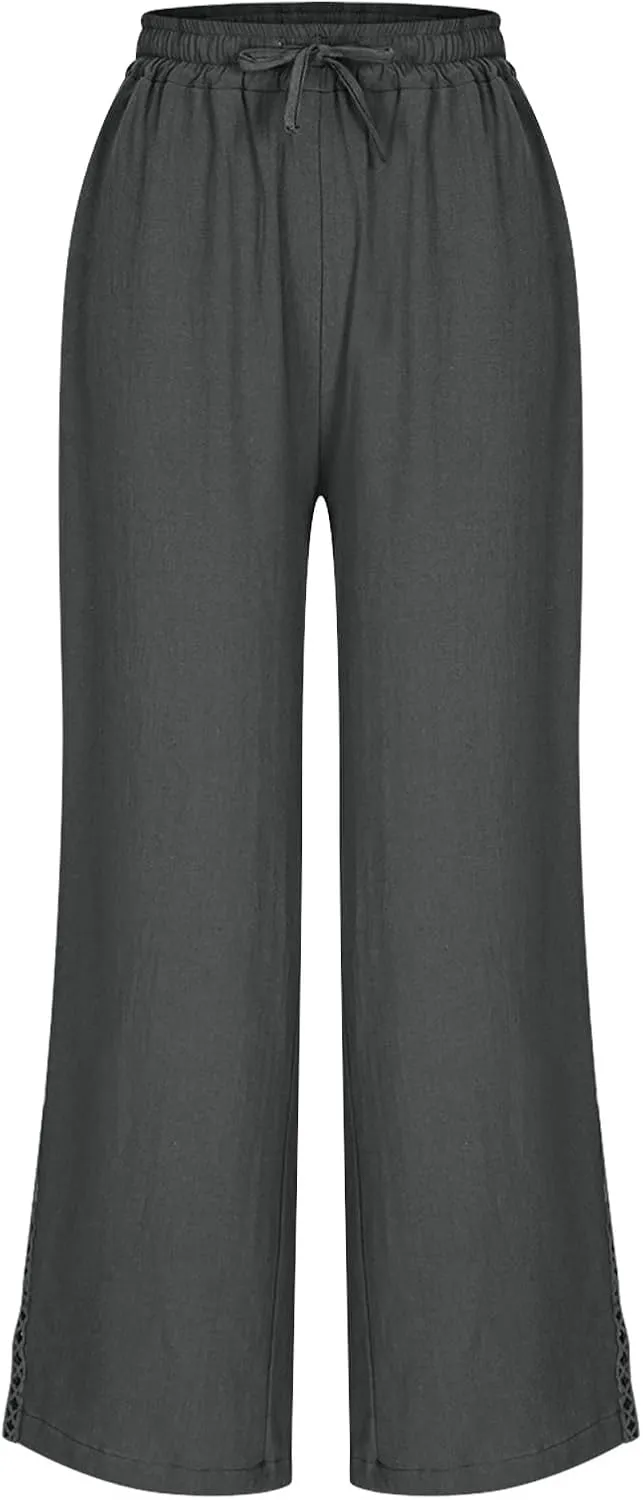 Womens Linen Pants Summer Casual Lightweight Drawstring High Waisted Wide Leg Pants Beach Trousers with Pockets