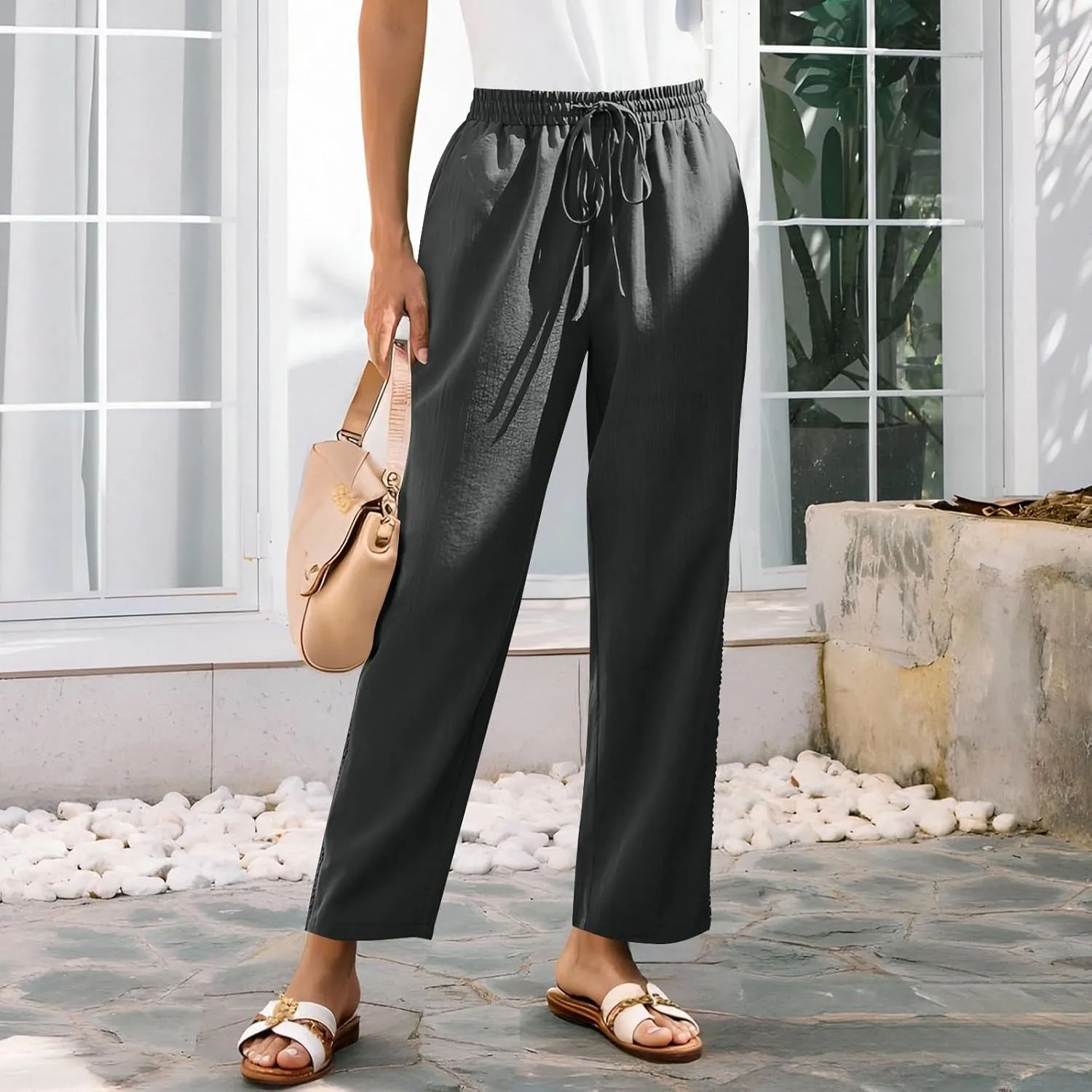 Womens Linen Pants Summer Casual Lightweight Drawstring High Waisted Wide Leg Pants Beach Trousers with Pockets