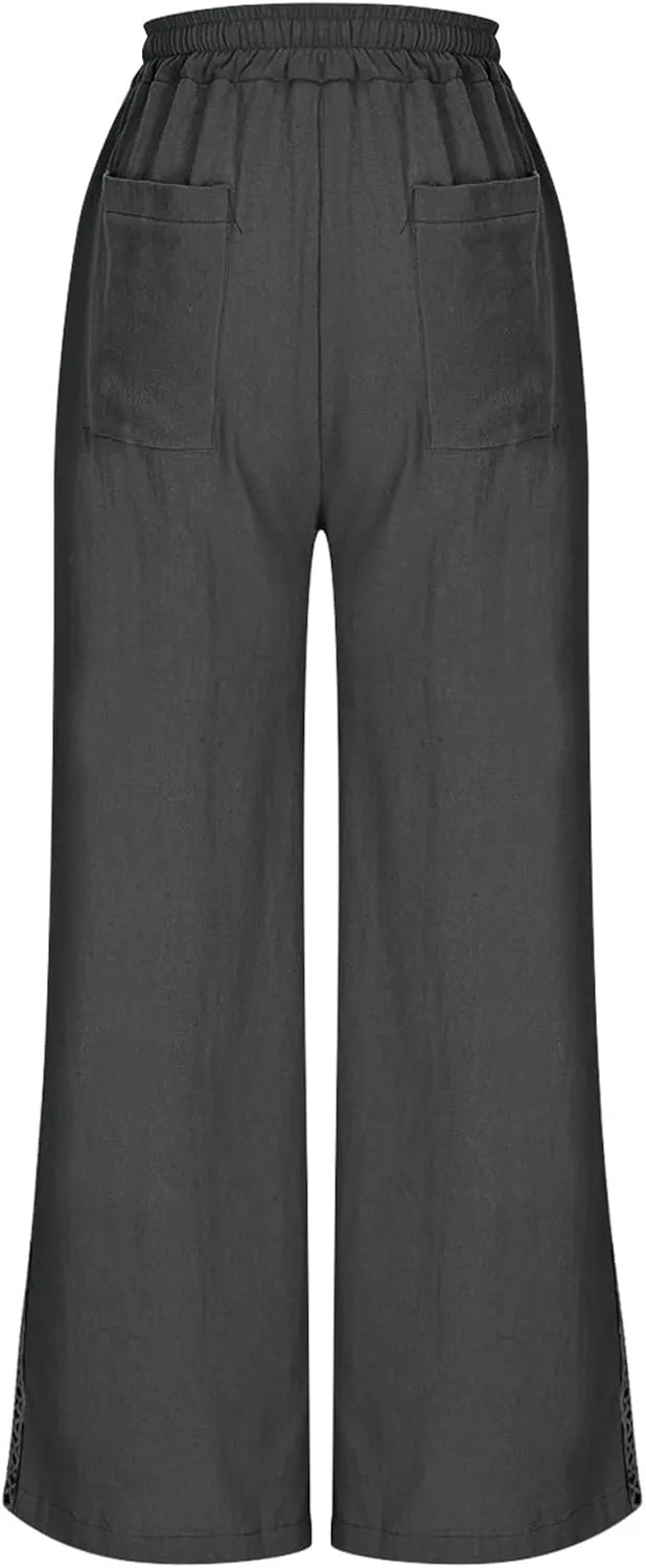 Womens Linen Pants Summer Casual Lightweight Drawstring High Waisted Wide Leg Pants Beach Trousers with Pockets