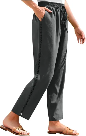 Womens Linen Pants Summer Casual Lightweight Drawstring High Waisted Wide Leg Pants Beach Trousers with Pockets