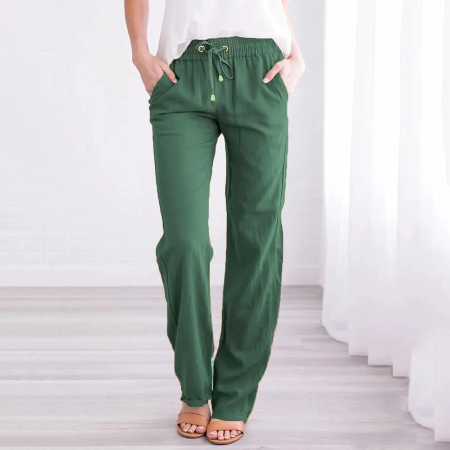 Womens Linen Striped Capris Summer Capri Pants 2025 Summer 2025 Wide Leg Loose Drawstring Elastic Waist Cropped Trouser