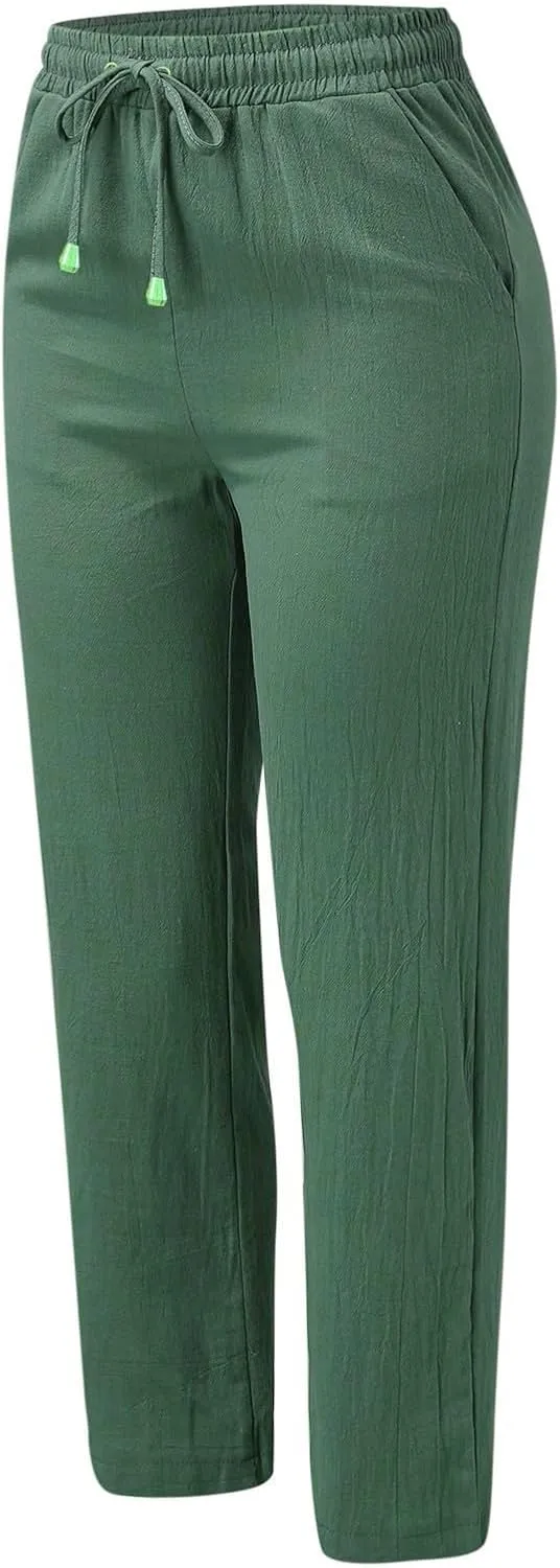 Womens Linen Striped Capris Summer Capri Pants 2025 Summer 2025 Wide Leg Loose Drawstring Elastic Waist Cropped Trouser