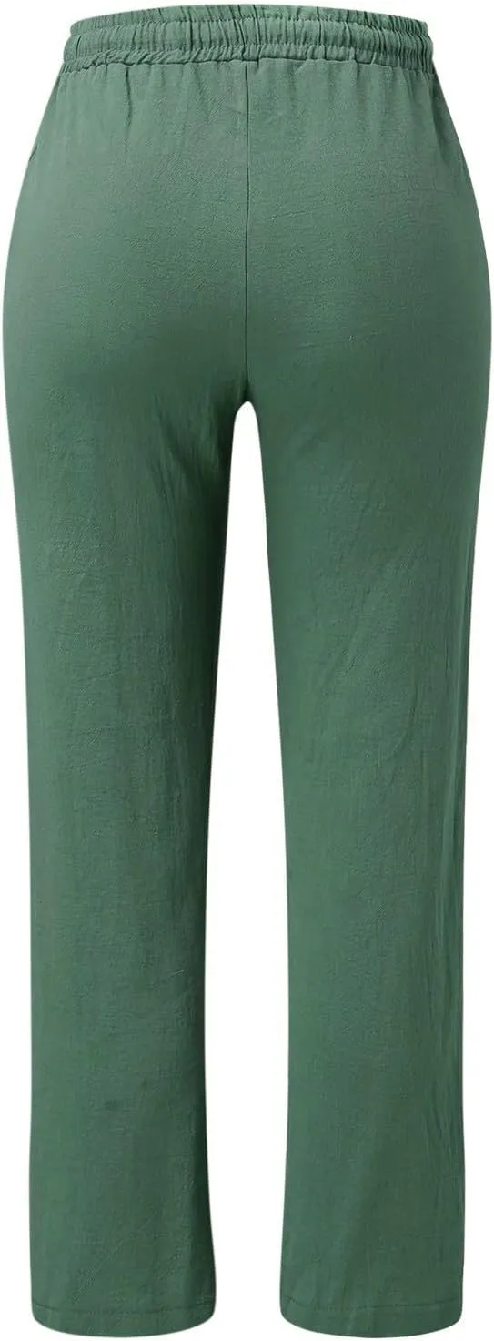 Womens Linen Striped Capris Summer Capri Pants 2025 Summer 2025 Wide Leg Loose Drawstring Elastic Waist Cropped Trouser