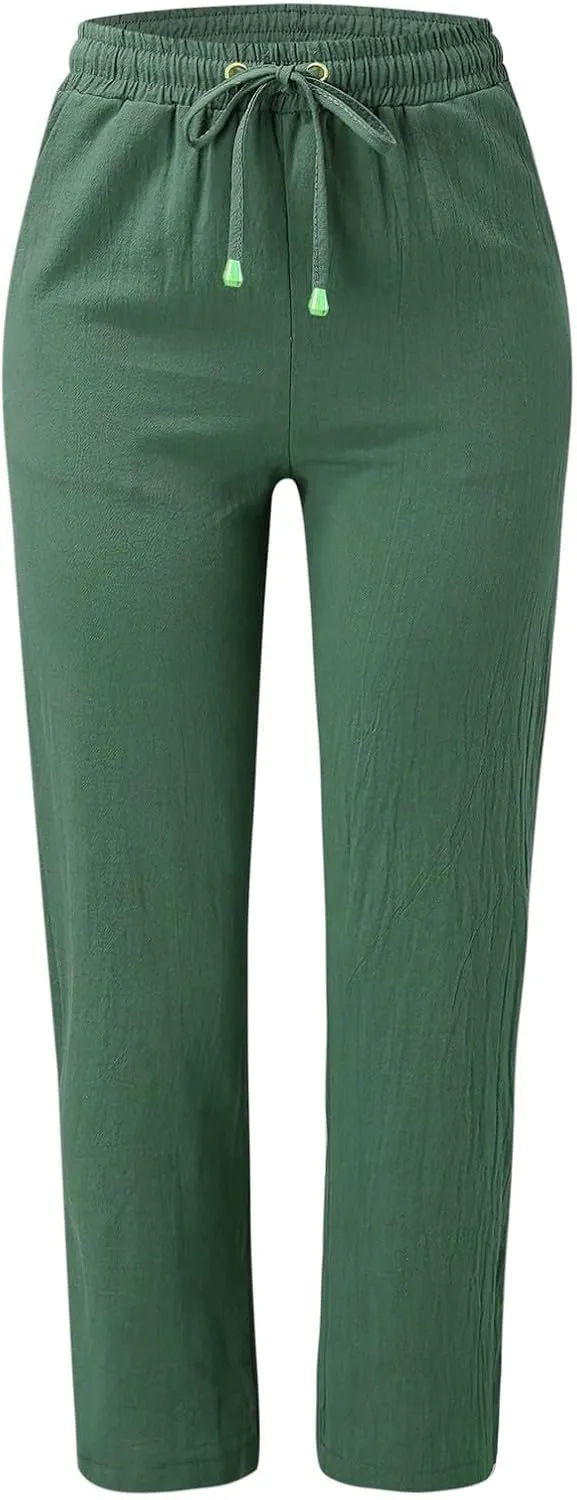 Womens Linen Striped Capris Summer Capri Pants 2025 Summer 2025 Wide Leg Loose Drawstring Elastic Waist Cropped Trouser