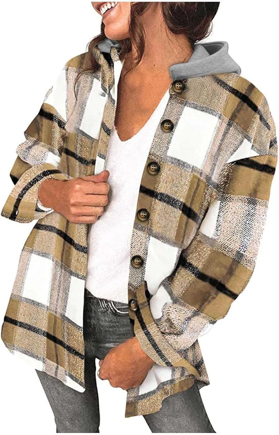 Womens Long Sleeve Button Down Plaid Shirts Casual Fall Fashion 2023 Flannel Shacket Hooded Jacket Hoodie Coats