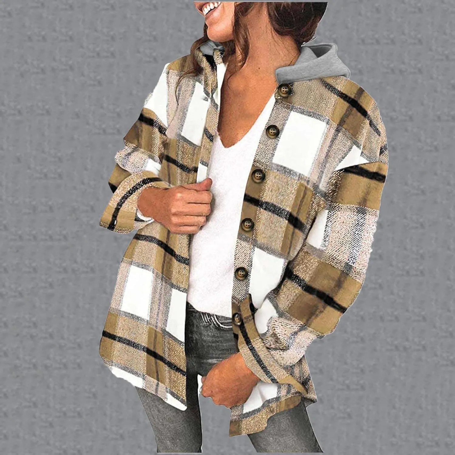 Womens Long Sleeve Button Down Plaid Shirts Casual Fall Fashion 2023 Flannel Shacket Hooded Jacket Hoodie Coats
