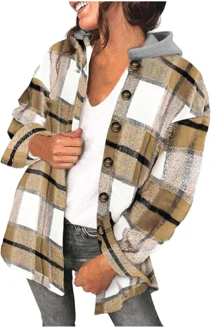 Womens Long Sleeve Button Down Plaid Shirts Casual Fall Fashion 2023 Flannel Shacket Hooded Jacket Hoodie Coats
