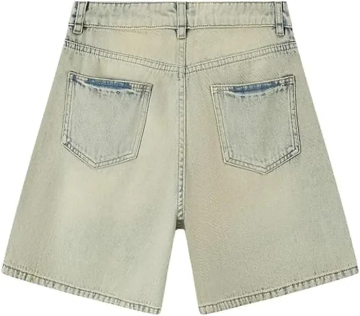 Women's Mid-Rise Straight Denim Shorts, Street Style Button Fly Slim Harem Pants