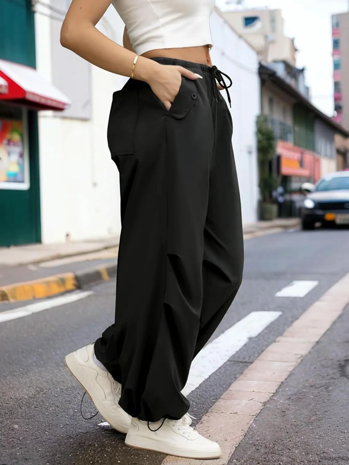 Womens Parachute Pants Y2K Baggy Drawstring Wide Leg Casual Pants 2025 Trendy Waterproof Summer Trousers with 4 Pockets
