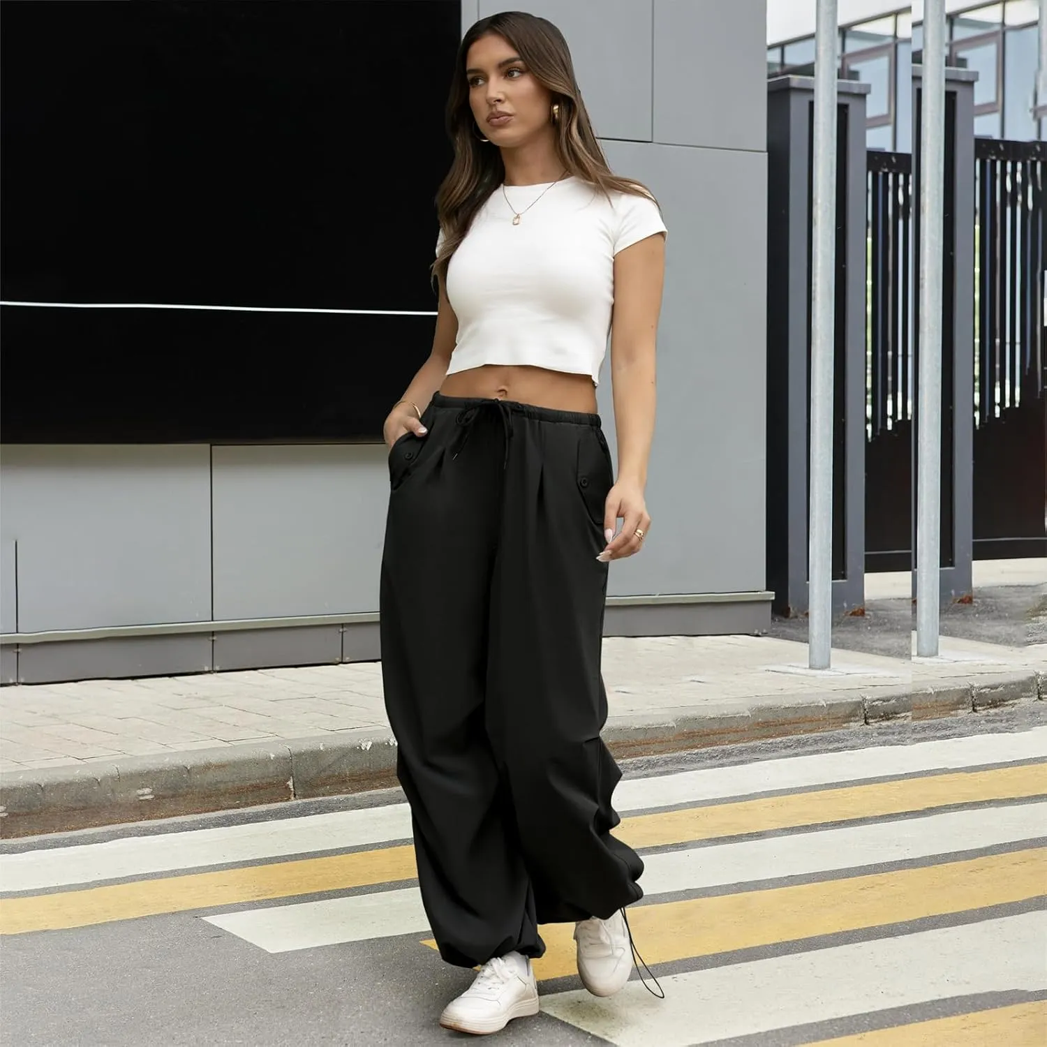 Womens Parachute Pants Y2K Baggy Drawstring Wide Leg Casual Pants 2025 Trendy Waterproof Summer Trousers with 4 Pockets
