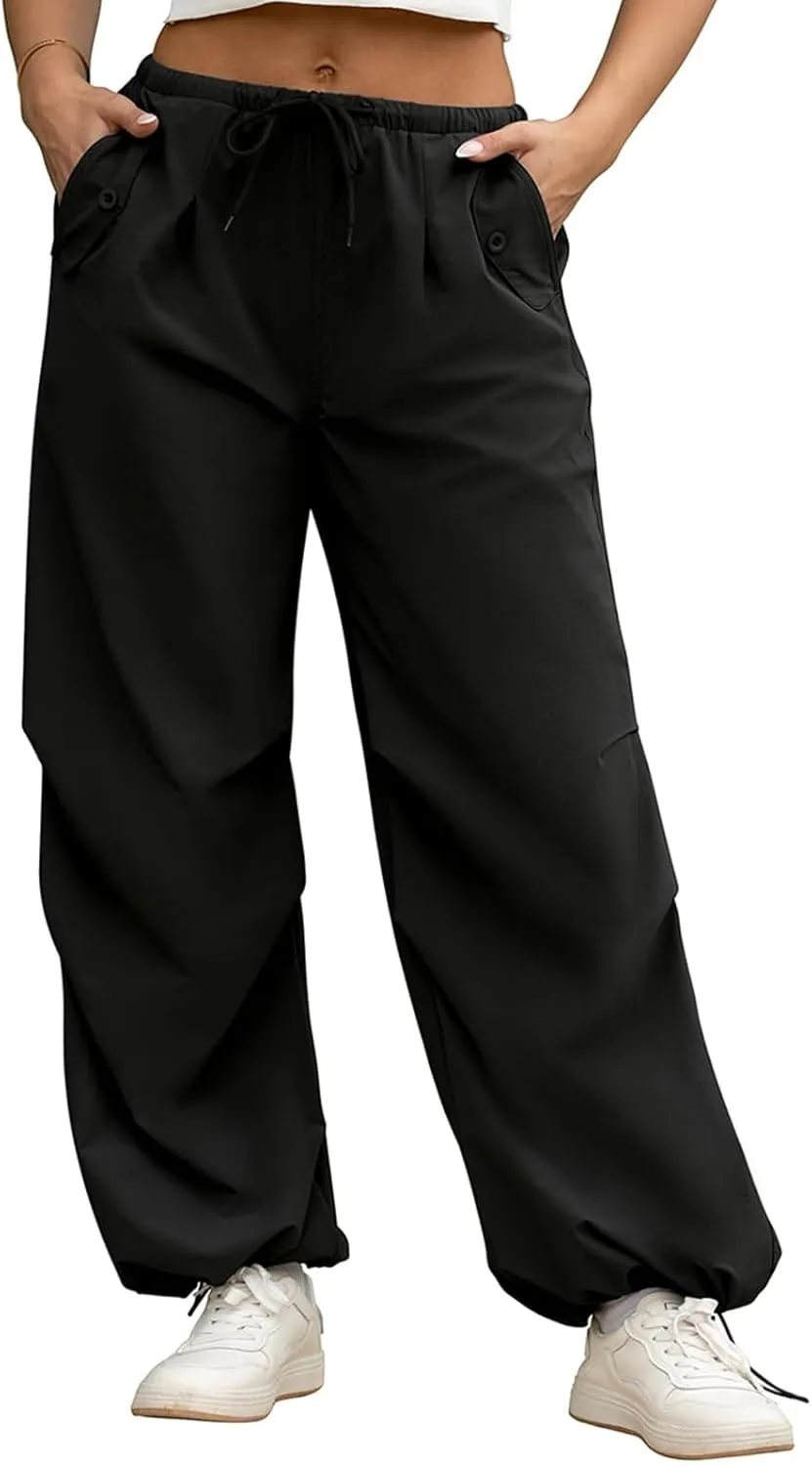 Womens Parachute Pants Y2K Baggy Drawstring Wide Leg Casual Pants 2025 Trendy Waterproof Summer Trousers with 4 Pockets
