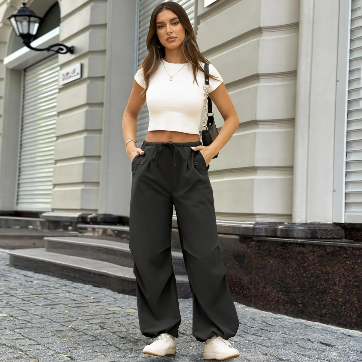 Womens Parachute Pants Y2K Baggy Drawstring Wide Leg Casual Pants 2025 Trendy Waterproof Summer Trousers with 4 Pockets