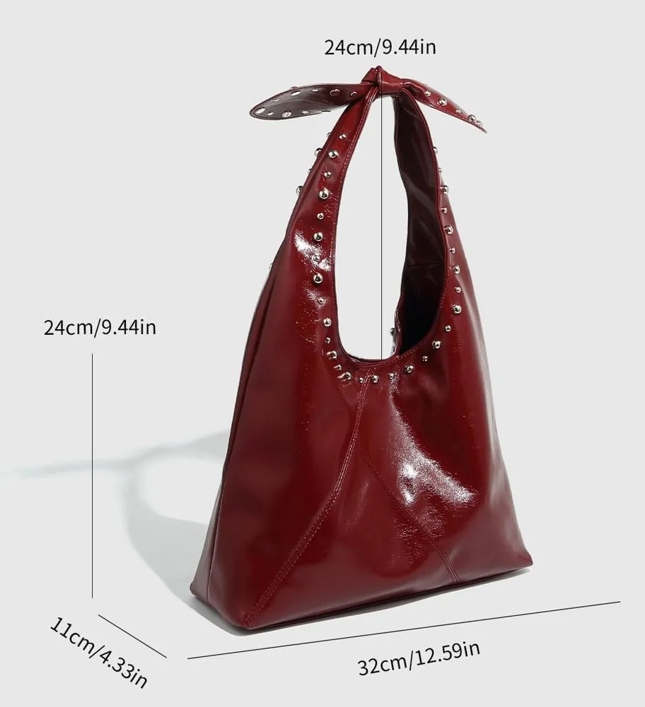 Womens Rivet Shoulder Bag Unique Bow-tie PU Leather Hobo Handbags Fashion 2025 Y2k Purse Crescent Shape Tote Bag