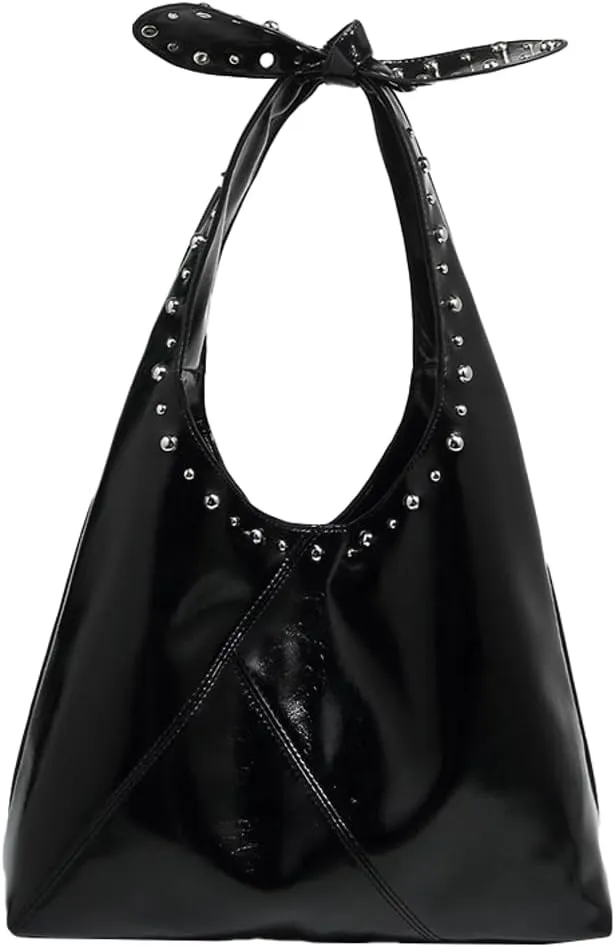 Womens Rivet Shoulder Bag Unique Bow-tie PU Leather Hobo Handbags Fashion 2025 Y2k Purse Crescent Shape Tote Bag