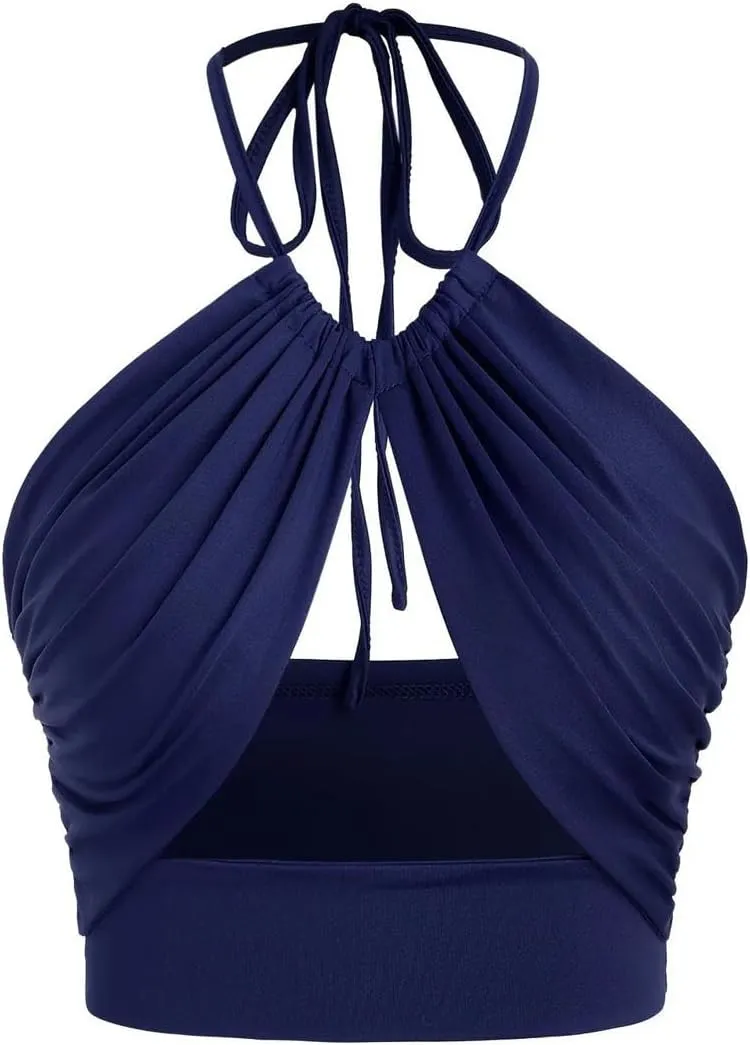 Women's Solid Color Cropped Halter Neck Tank Top Summer Sleeveless Bodycon Hollow Out Sexy Camisole
