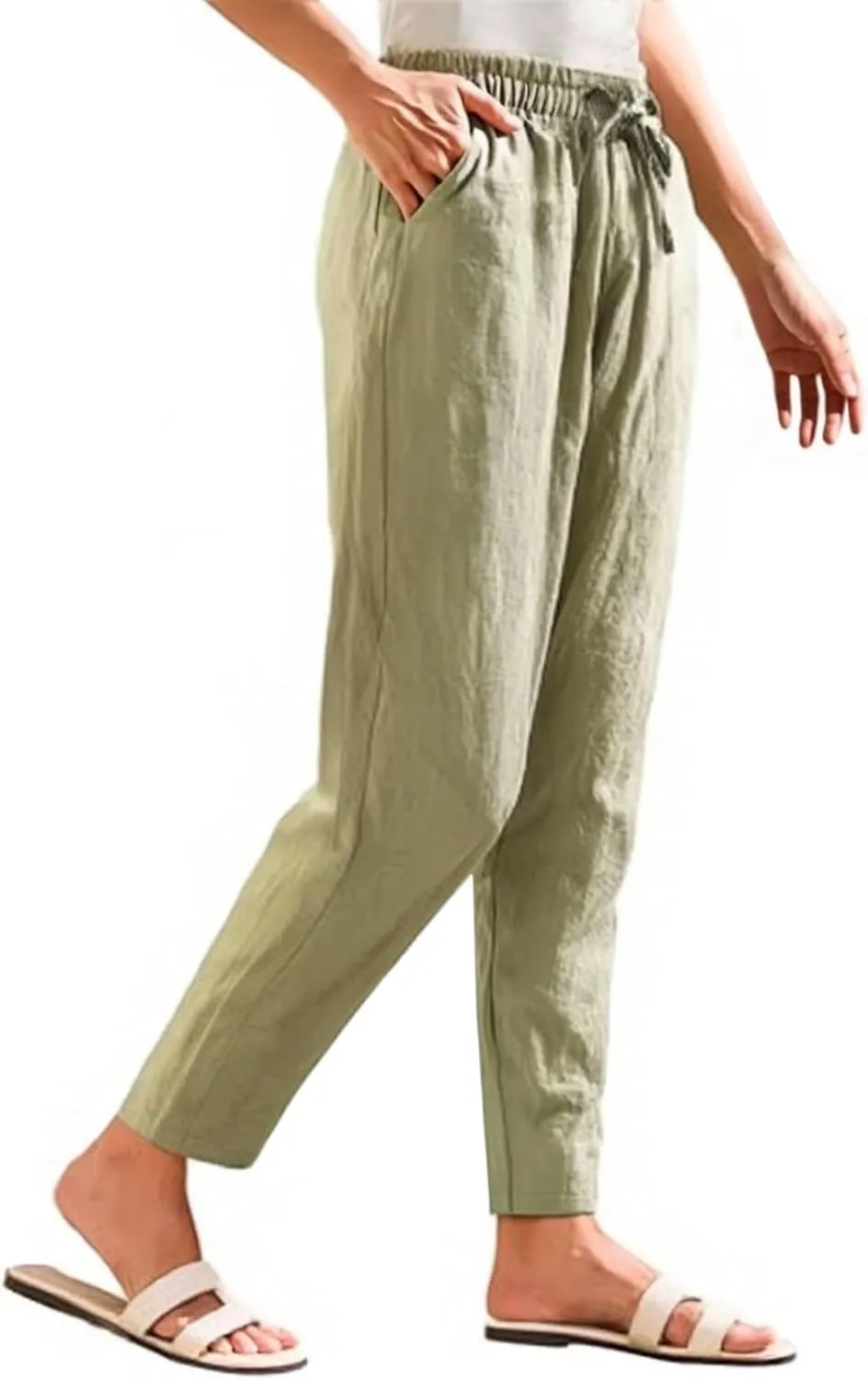 Women's Straight Leg Pants Elastic Drawstring Casual Trousers with Pockets Summer Beach Lounge Pants