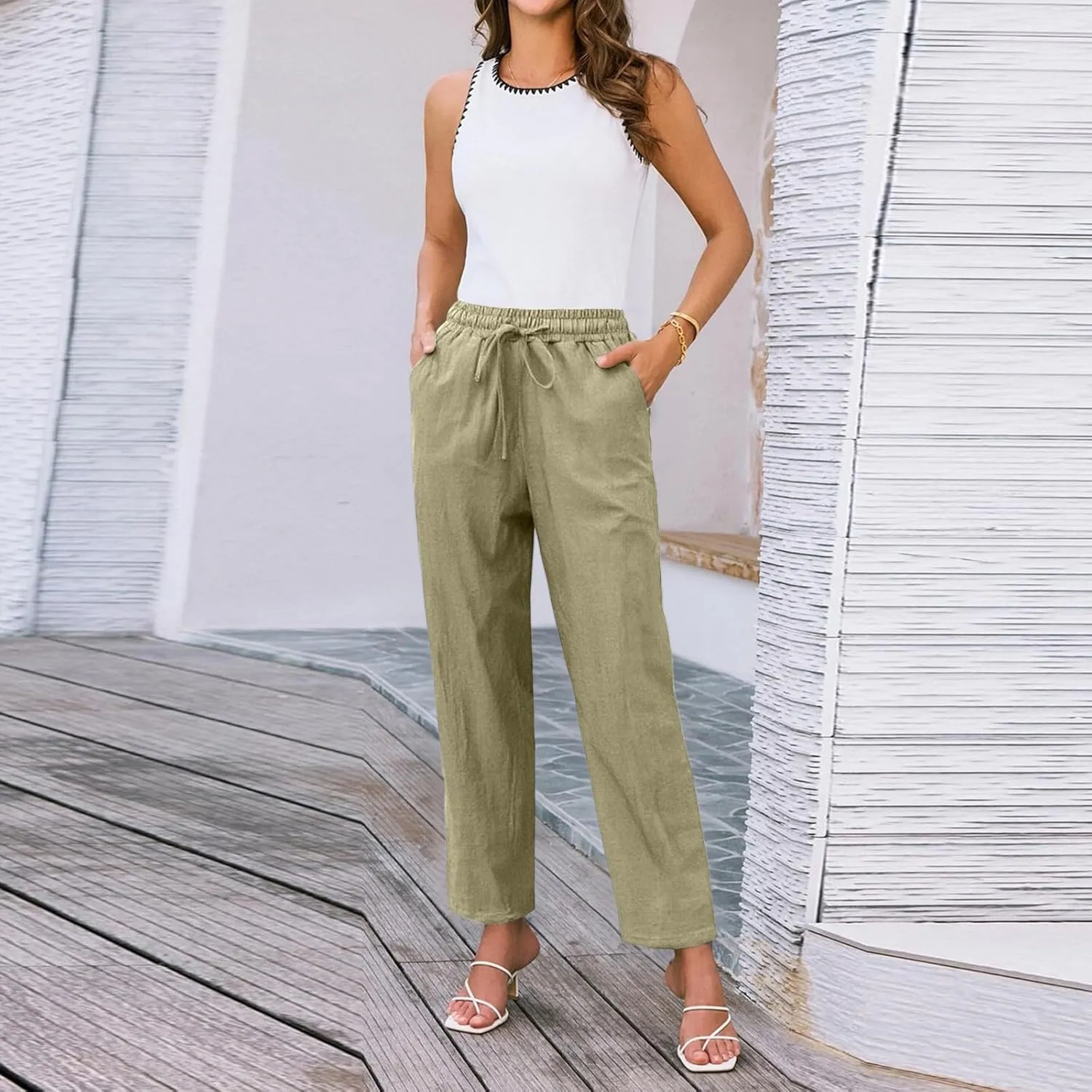 Women's Straight Leg Pants Elastic Drawstring Casual Trousers with Pockets Summer Beach Lounge Pants