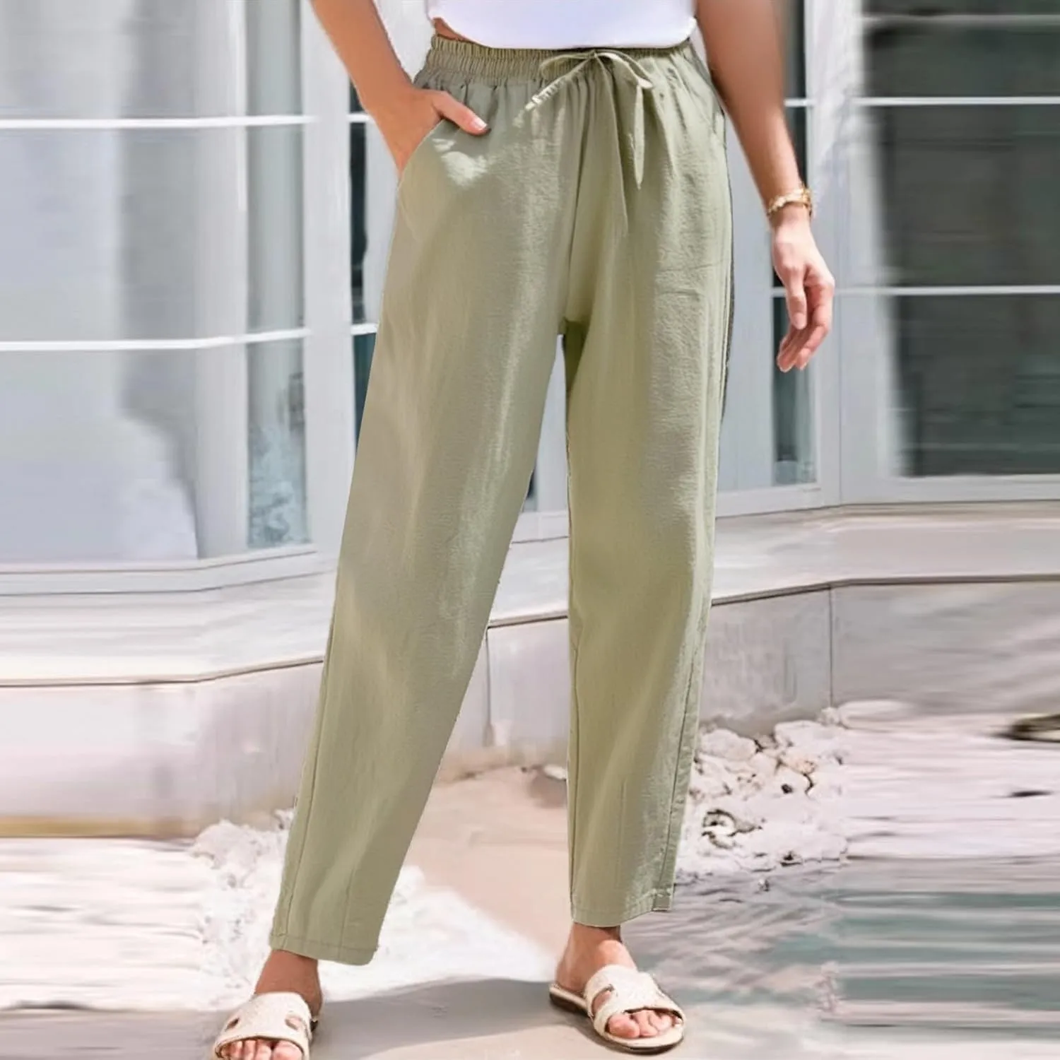Women's Straight Leg Pants Elastic Drawstring Casual Trousers with Pockets Summer Beach Lounge Pants