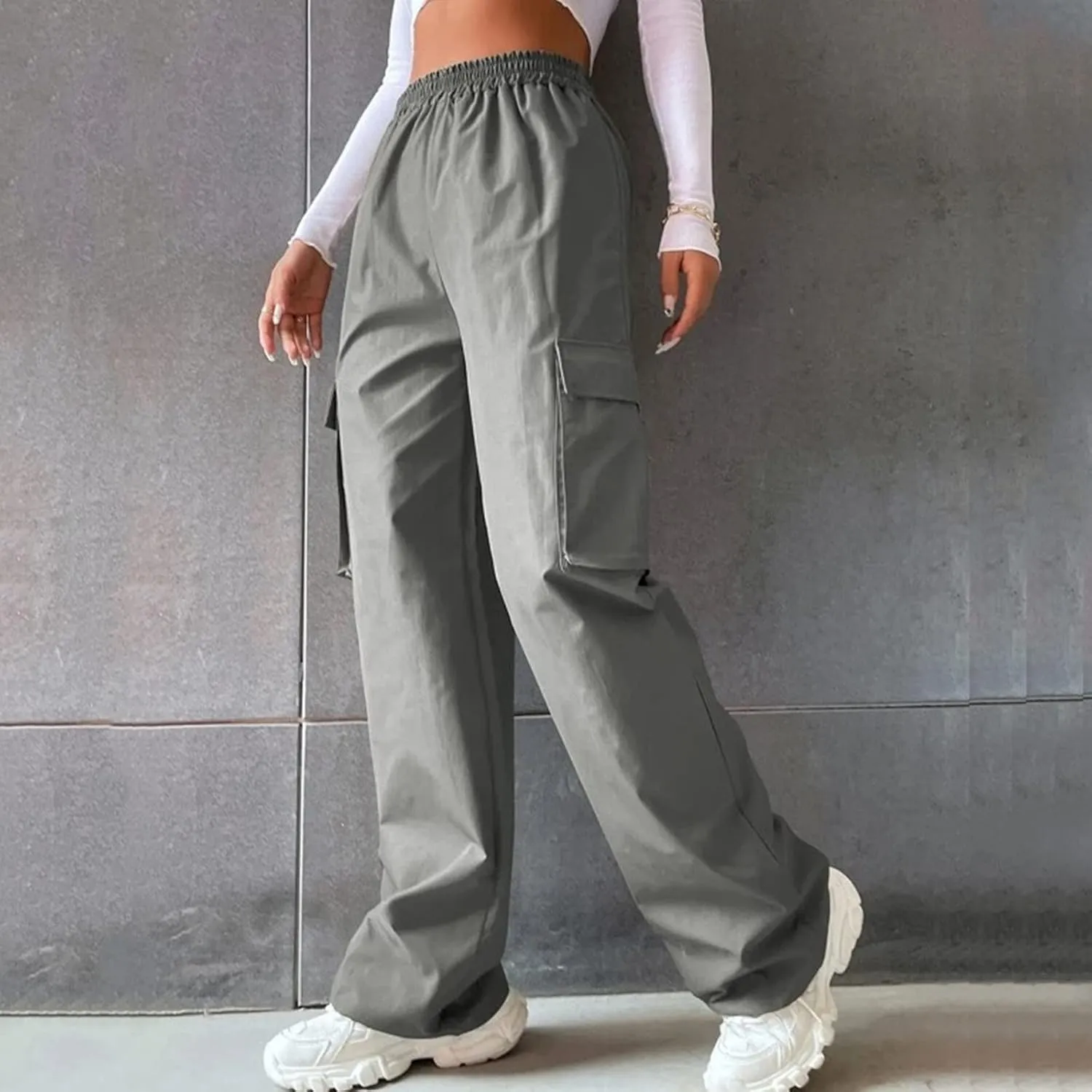 Women's Street Style High Waisted Pocket Wide Leg Work Dressy Casual Loose Fit