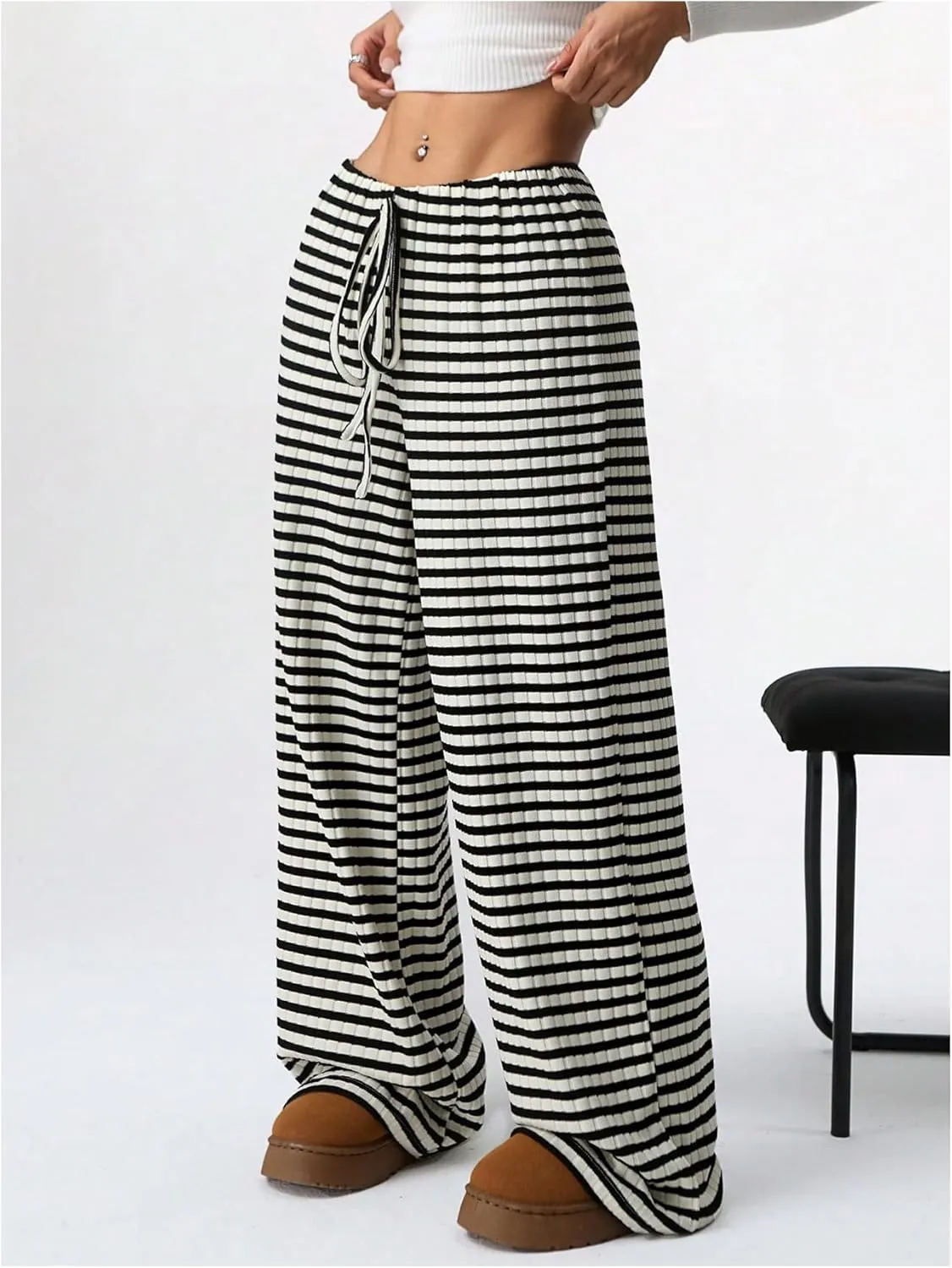 Women's Striped Pants Elastic Waist Knit Pants Wide Leg Pants Baggy Loose Drawstring Palazzo Trousers Lounge Pant