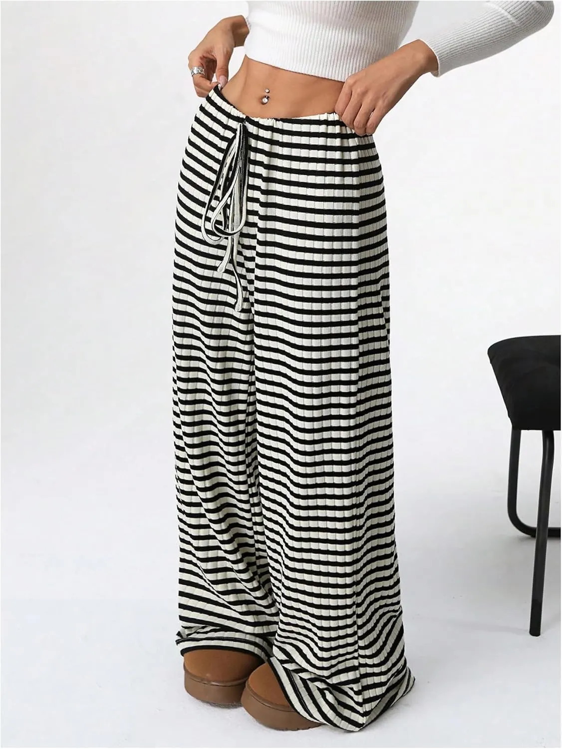 Women's Striped Pants Elastic Waist Knit Pants Wide Leg Pants Baggy Loose Drawstring Palazzo Trousers Lounge Pant