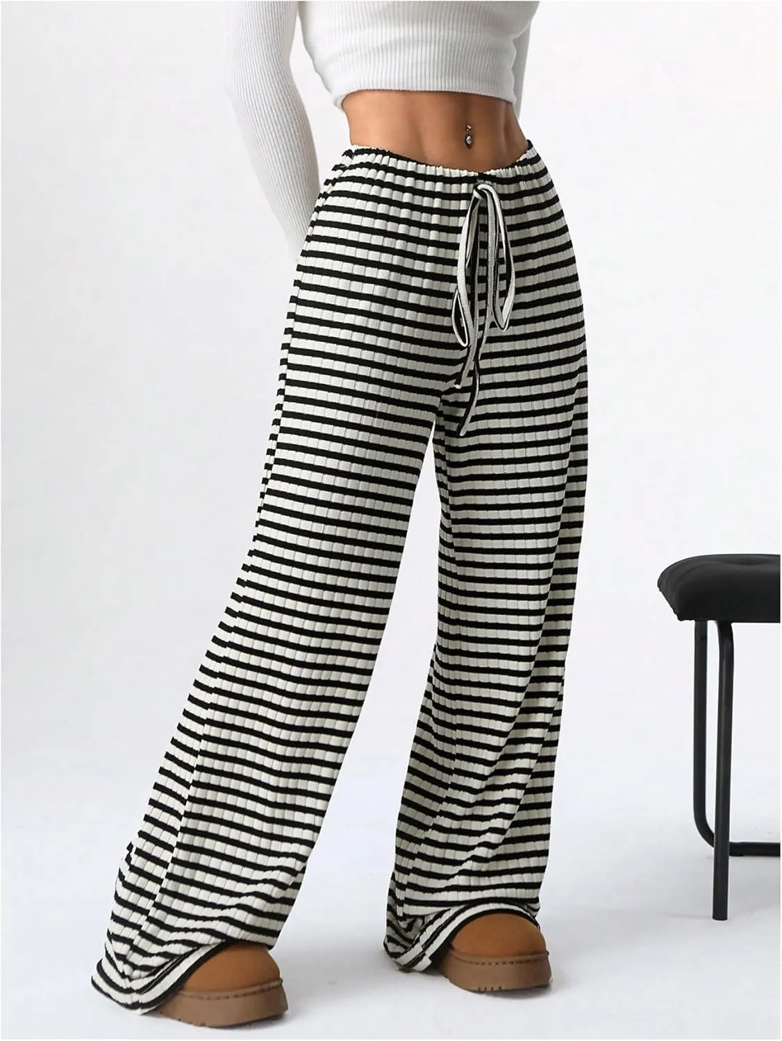 Women's Striped Pants Elastic Waist Knit Pants Wide Leg Pants Baggy Loose Drawstring Palazzo Trousers Lounge Pant