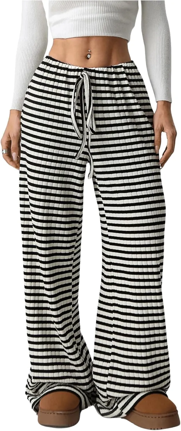 Women's Striped Pants Elastic Waist Knit Pants Wide Leg Pants Baggy Loose Drawstring Palazzo Trousers Lounge Pant