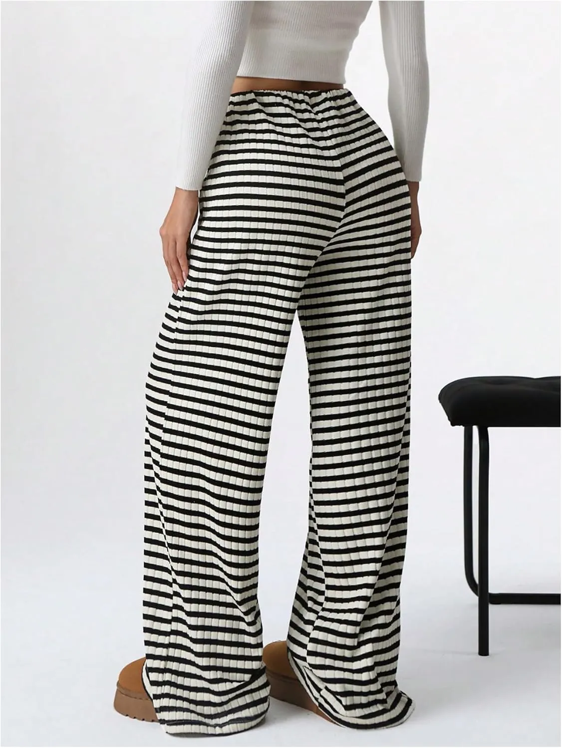 Women's Striped Pants Elastic Waist Knit Pants Wide Leg Pants Baggy Loose Drawstring Palazzo Trousers Lounge Pant