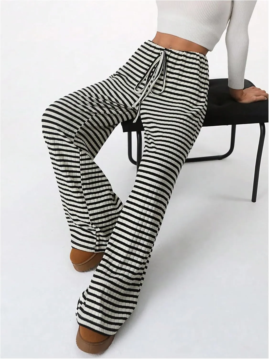 Women's Striped Pants Elastic Waist Knit Pants Wide Leg Pants Baggy Loose Drawstring Palazzo Trousers Lounge Pant
